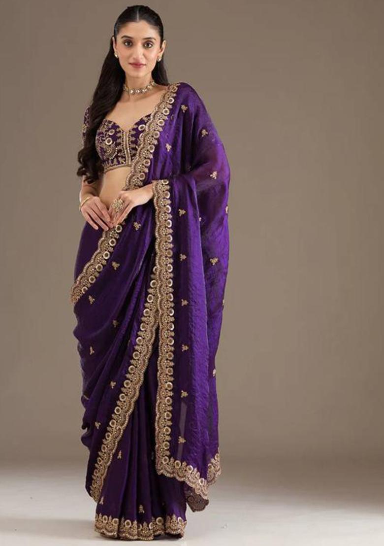 Purple Printed Blended Saree Set - Indya