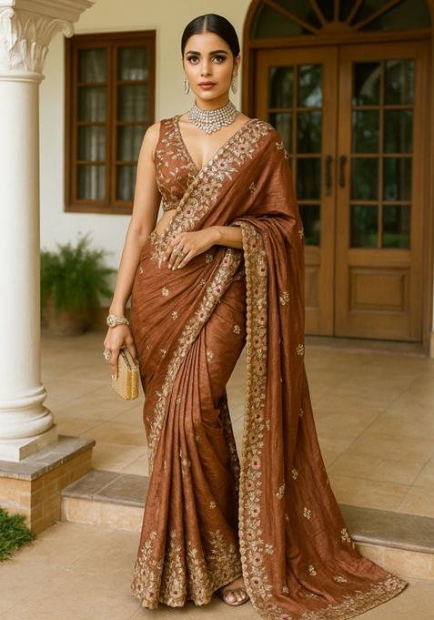 Brown Printed Blended Saree Set