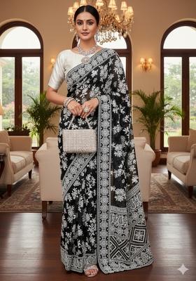 Black Printed Blended Saree Set