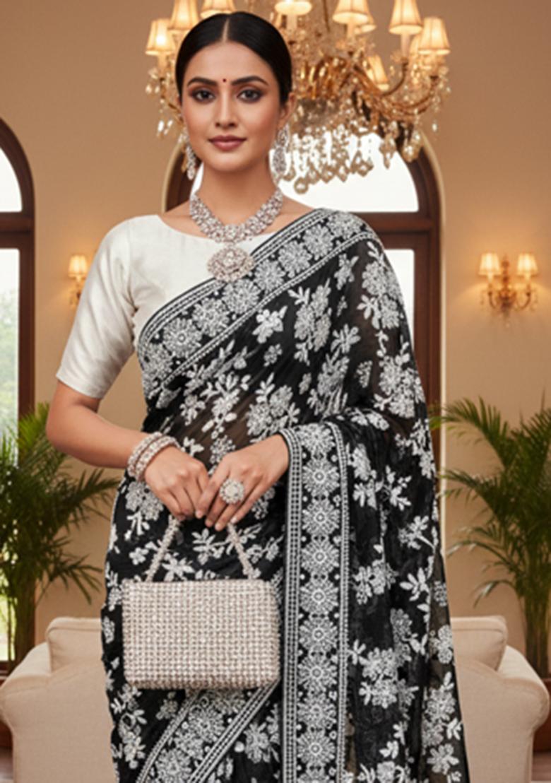 Black Printed Blended Saree Set - Indya