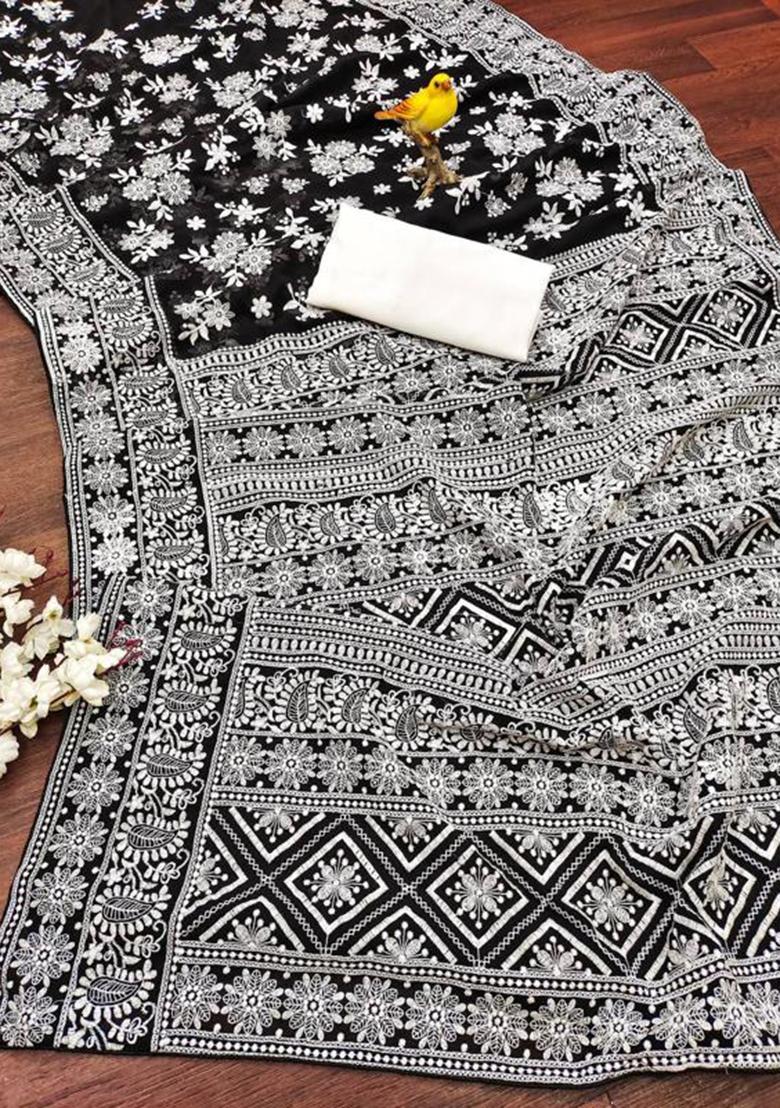 Black Printed Blended Saree Set - Indya