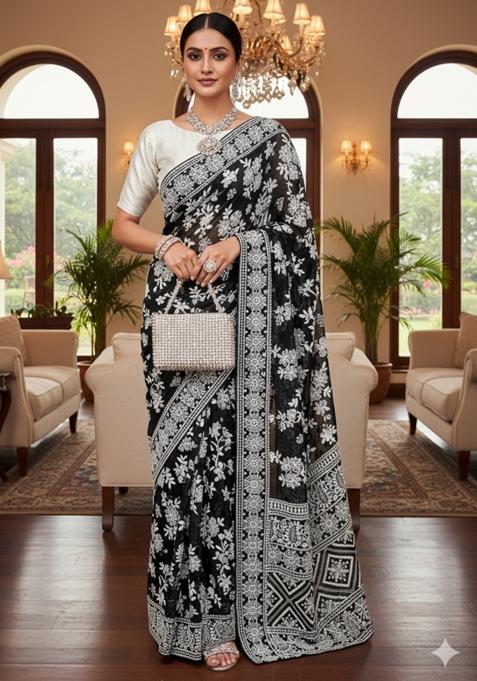 Black Printed Blended Saree Set