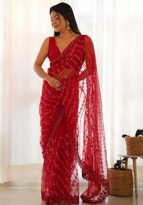 Red Printed Blended Saree Set