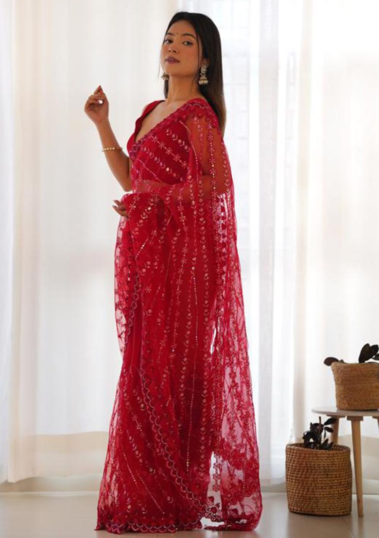 Red Printed Blended Saree Set - Indya