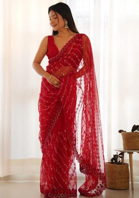 Red Printed Blended Saree Set
