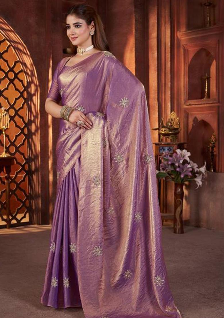 Lavender Printed Blended Saree Set - Indya