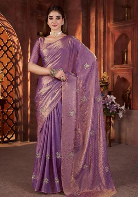 Lavender Printed Blended Saree Set