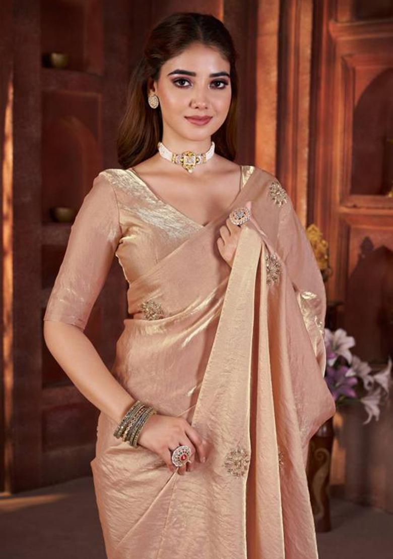 Peach Printed Blended Saree Set - Indya