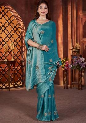 Blue Printed Blended Saree Set