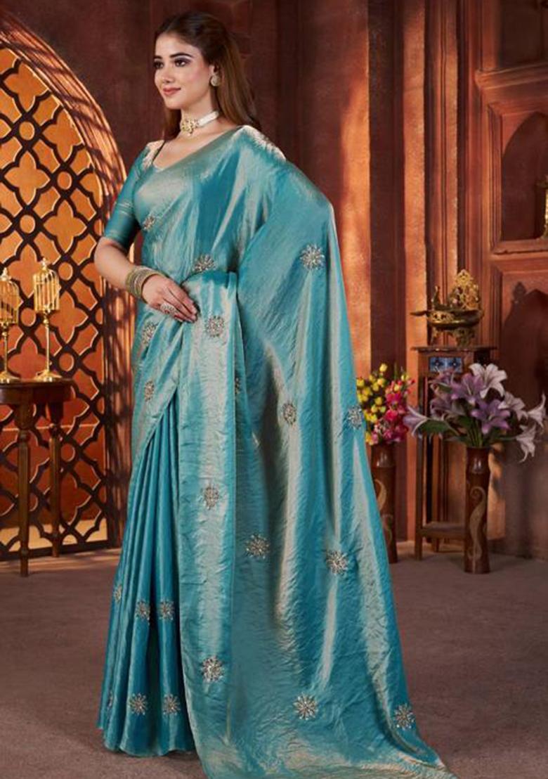 Blue Printed Blended Saree Set - Indya