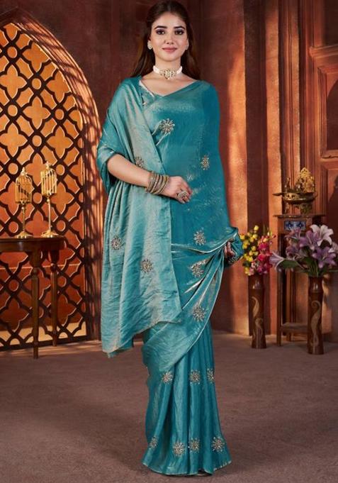 Blue Printed Blended Saree Set