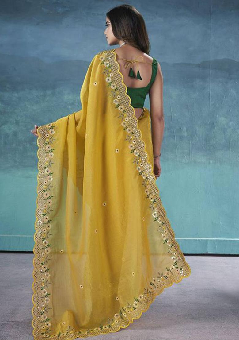 Yellow Printed Blended Saree Set - Indya