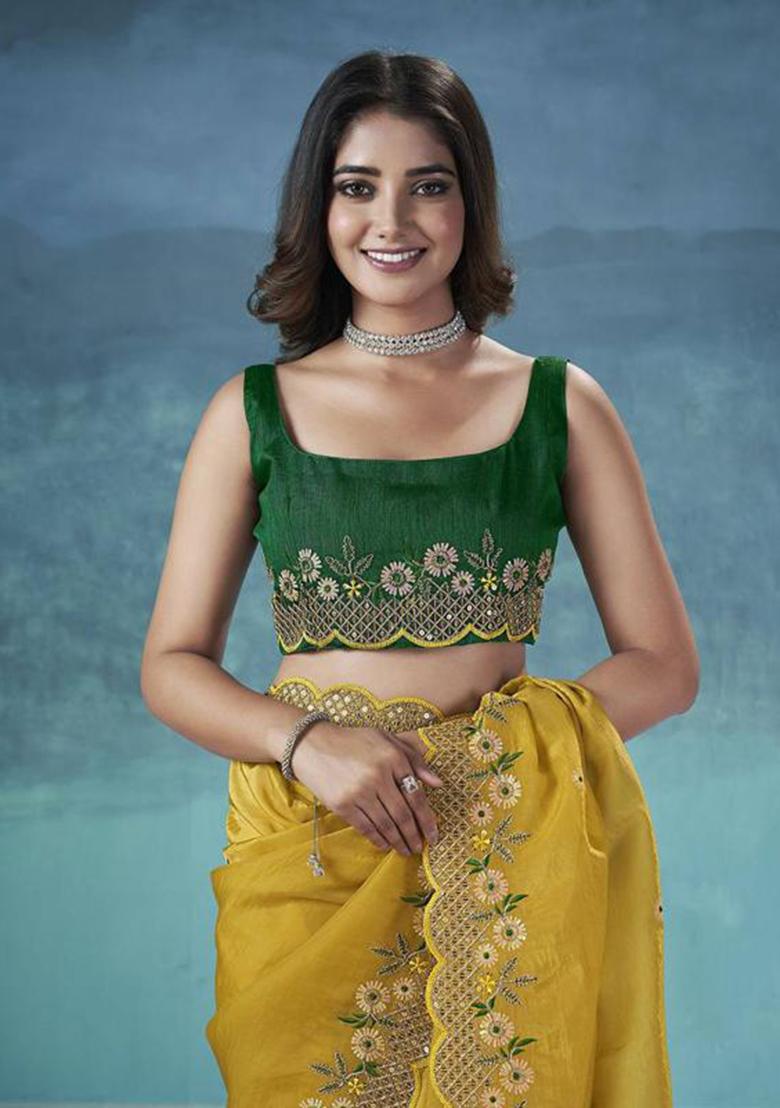 Yellow Printed Blended Saree Set - Indya