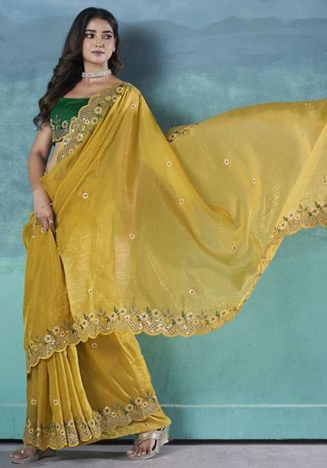Yellow Printed Blended Saree Set