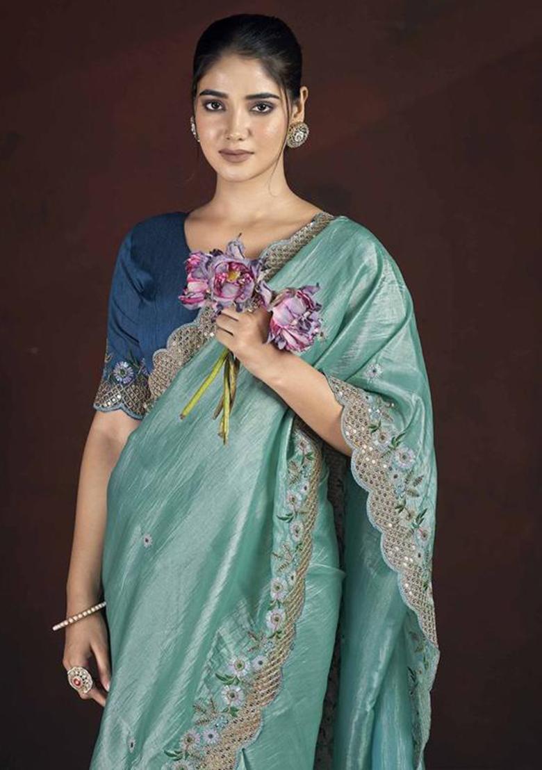 Light Blue Printed Blended Saree Set - Indya