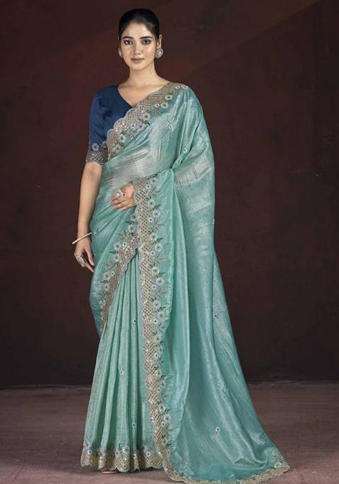 Light Blue Printed Blended Saree Set