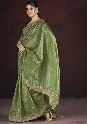 Olive Green Printed Blended Saree Set
