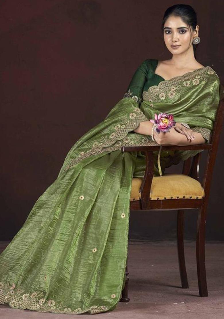 Olive Green Printed Blended Saree Set - Indya