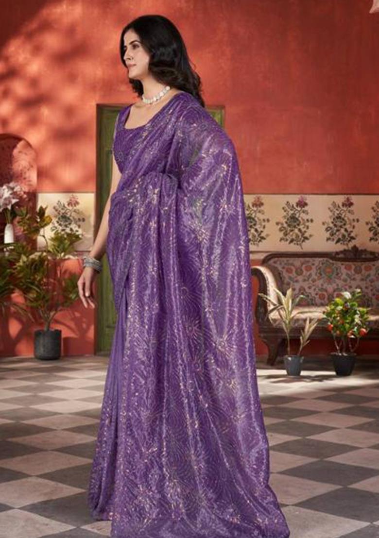 Purple Printed Blended Saree Set - Indya