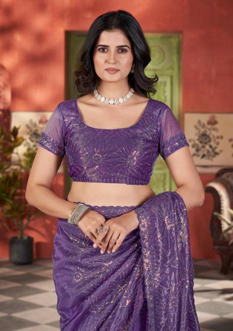 Purple Printed Blended Saree Set - Indya