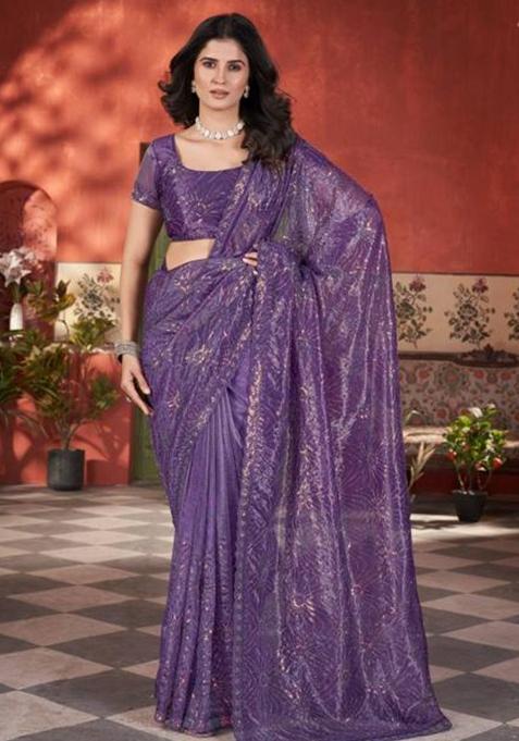 Purple Printed Blended Saree Set