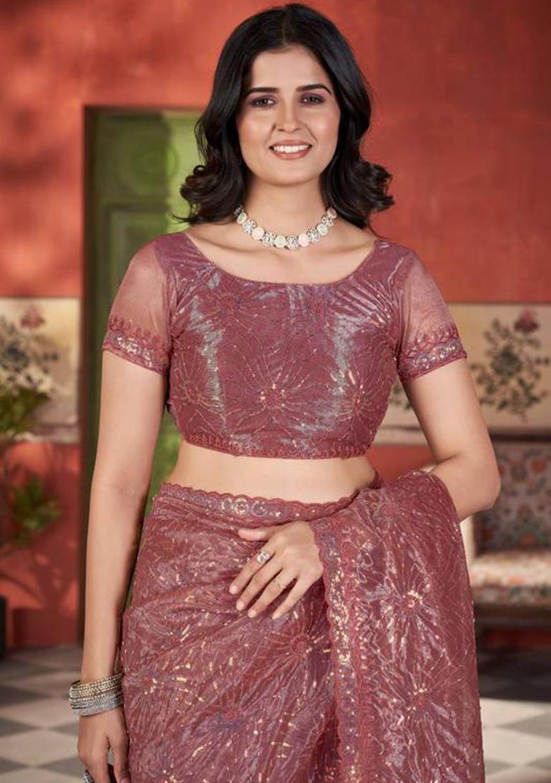 Rose Gold Printed Blended Saree Set - Indya