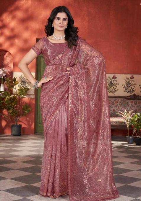 Rose Gold Printed Blended Saree Set