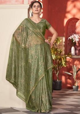 Green Printed Blended Saree Set