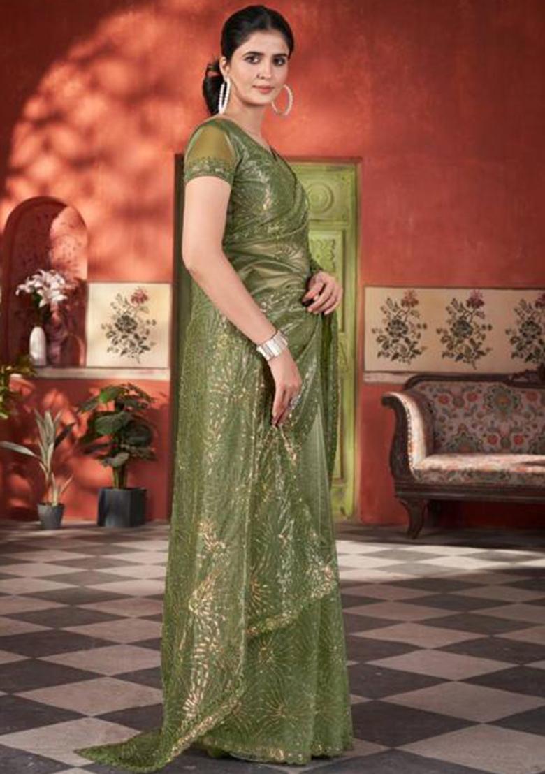 Green Printed Blended Saree Set - Indya