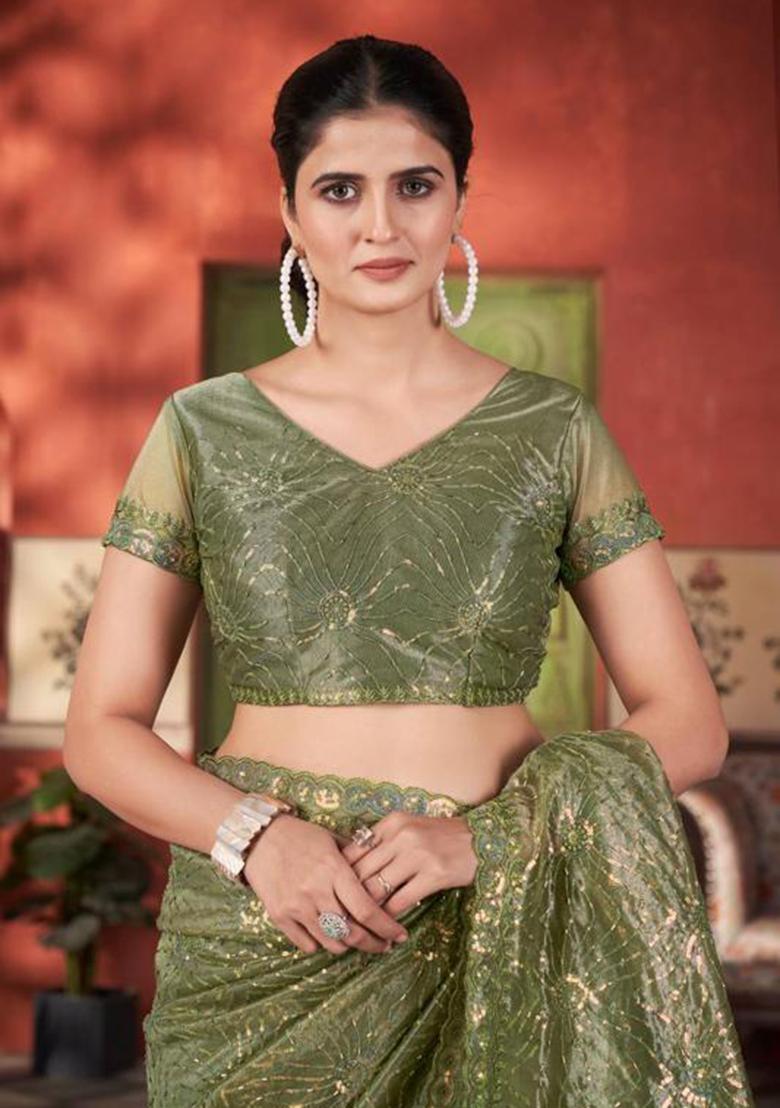 Green Printed Blended Saree Set - Indya