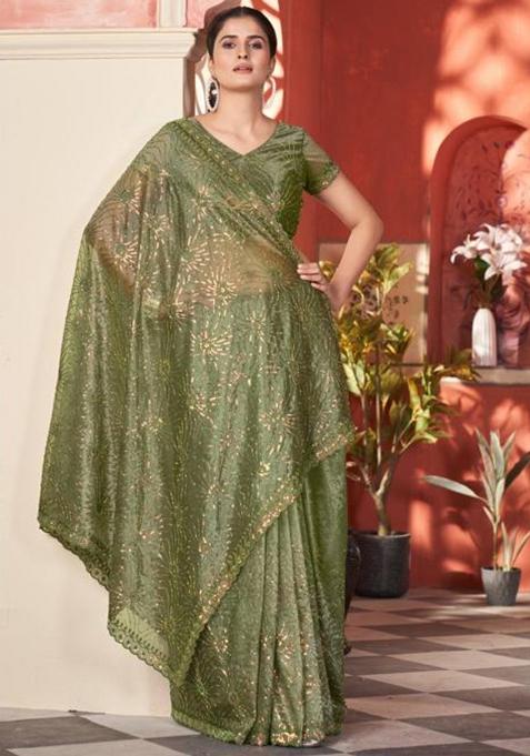 Green Printed Blended Saree Set