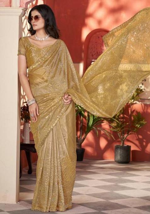 Golden Printed Blended Saree Set