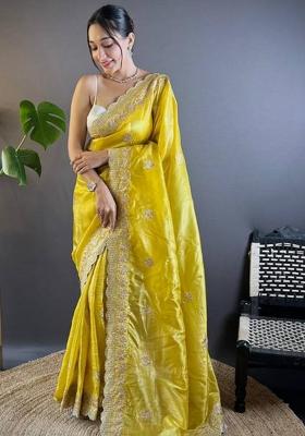 Yellow Printed Blended Saree Set