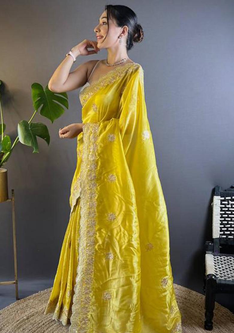 Yellow Printed Blended Saree Set - Indya