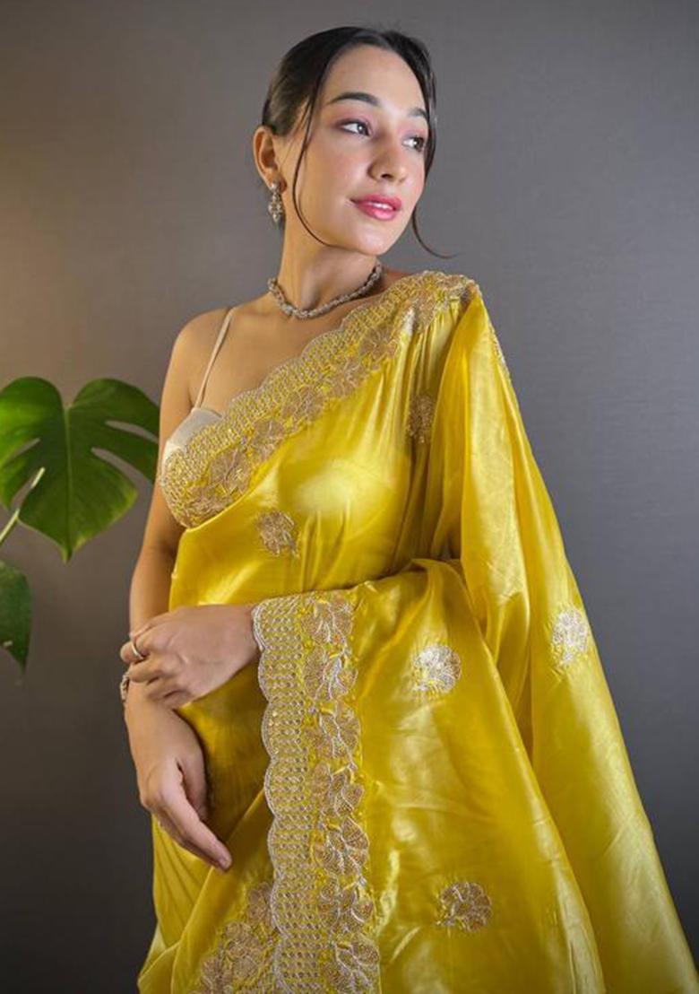 Yellow Printed Blended Saree Set - Indya