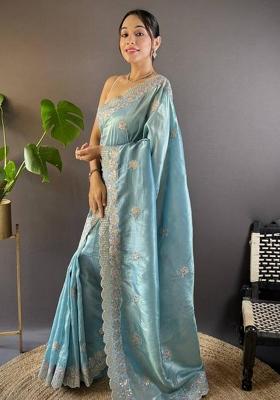 Sky Blue Printed Blended Saree Set