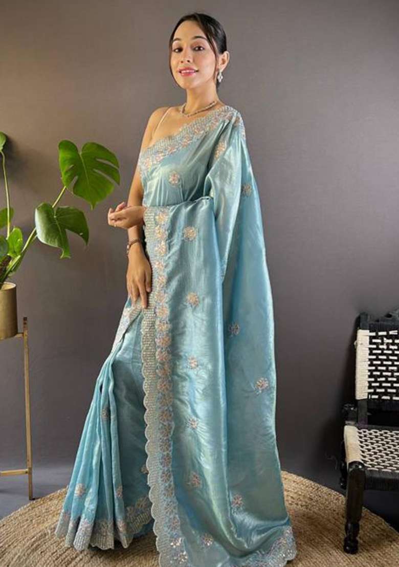 Sky Blue Printed Blended Saree Set - Indya