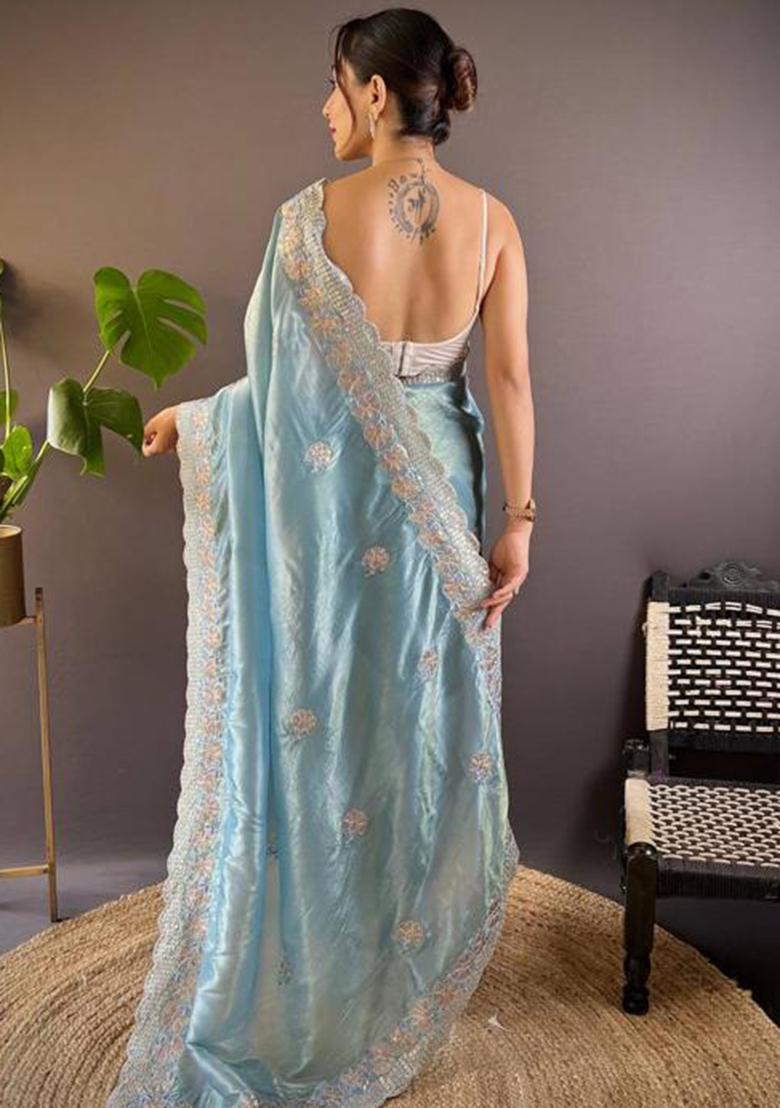 Sky Blue Printed Blended Saree Set - Indya