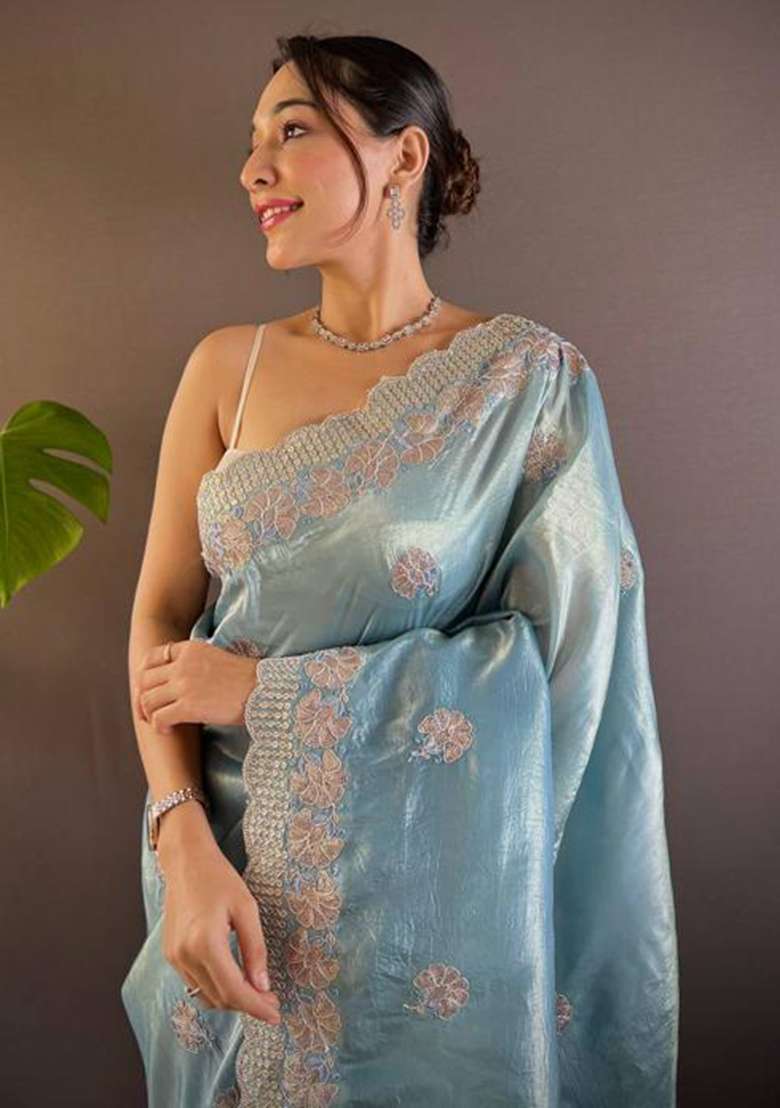 Sky Blue Printed Blended Saree Set - Indya