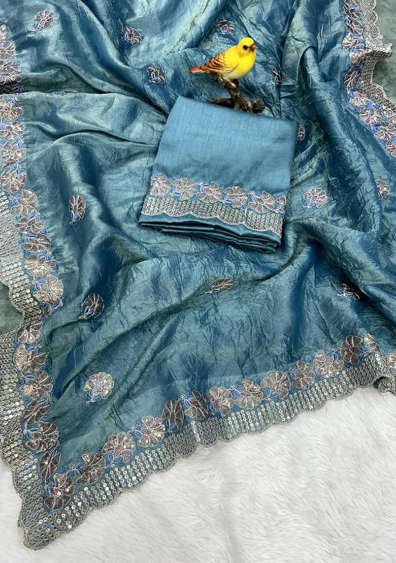 Sky Blue Printed Blended Saree Set - Indya