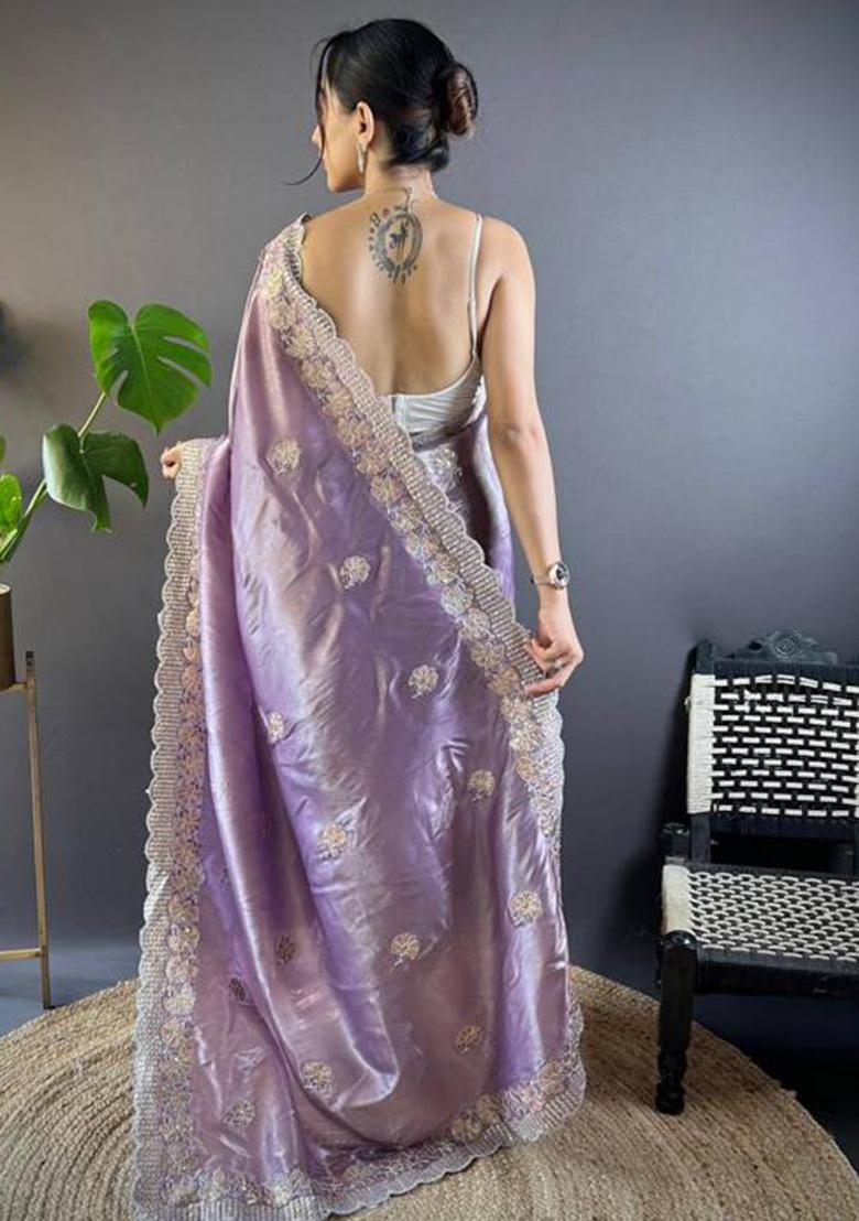 Purple Printed Blended Saree Set - Indya