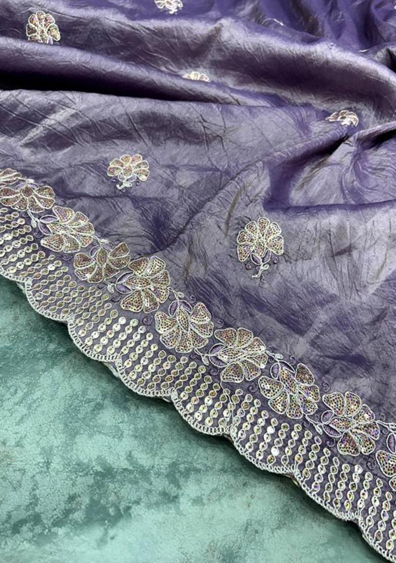 Purple Printed Blended Saree Set - Indya