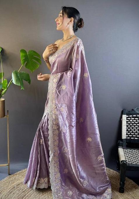 Purple Printed Blended Saree Set