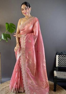 Pink Printed Blended Saree Set