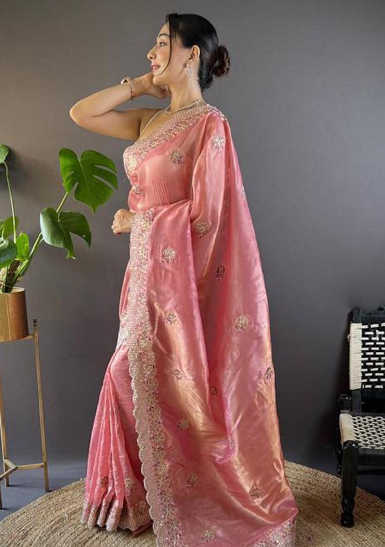Pink Printed Blended Saree Set - Indya