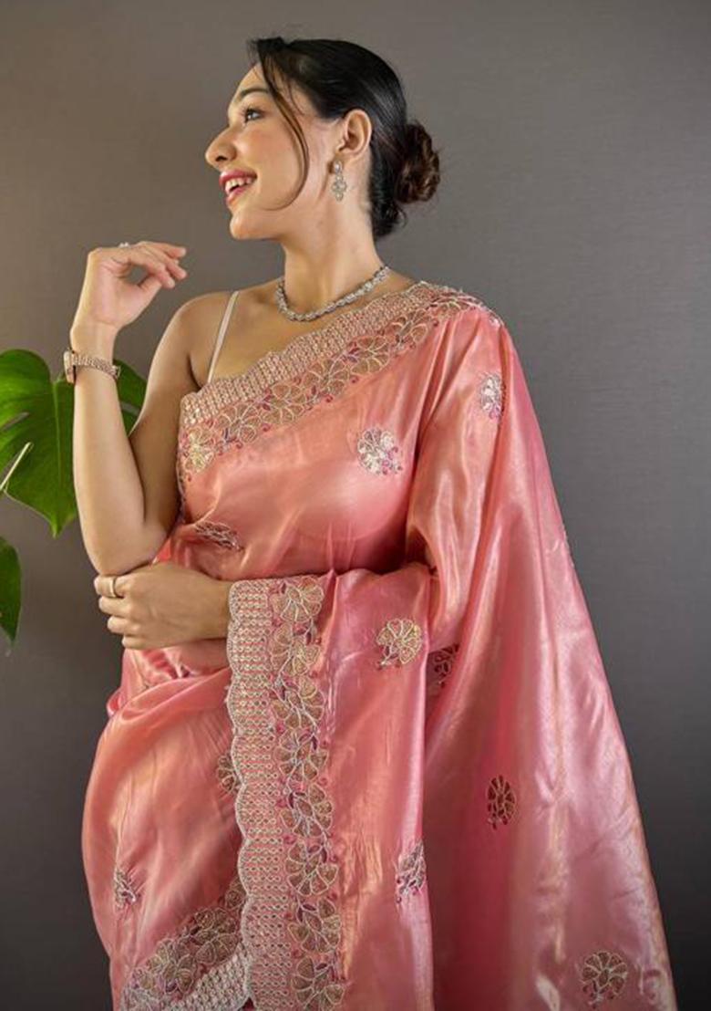 Pink Printed Blended Saree Set - Indya