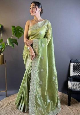 Green Printed Blended Saree Set