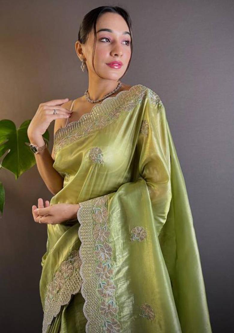 Green Printed Blended Saree Set - Indya