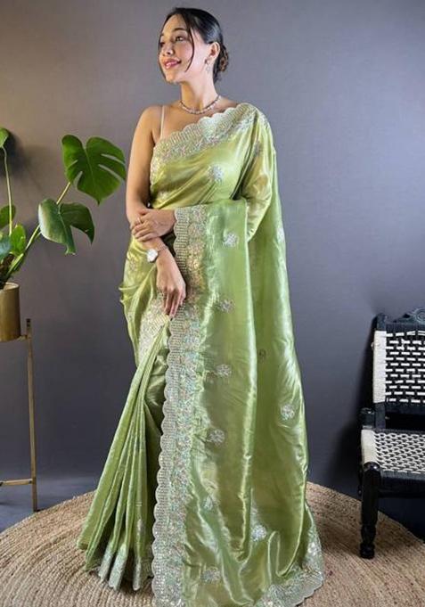 Green Printed Blended Saree Set
