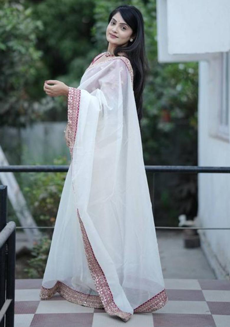 Off White Printed Blended Saree Set - Indya